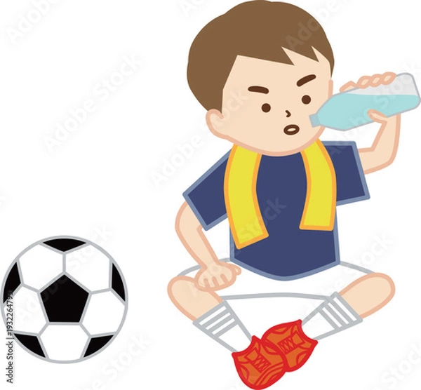 Obraz 首にタオルを巻いて地面に座って水分補給をするサッカー少年