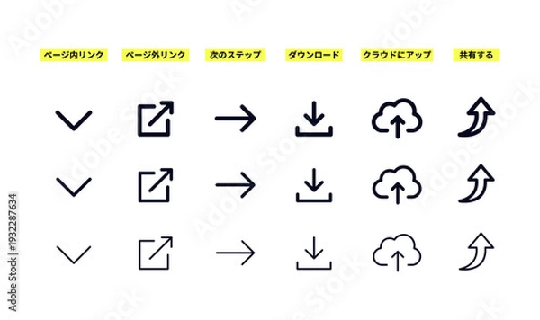 Obraz ミッドナイトネイビーのオックスフォードブルーで描かれた、カナリアイエローのラベル付きUIアイコンセット。ページ内リンク、ページ外リンク、次のステップ、ダウンロード、クラウドにアップ、共有するの6種類を3種類の線幅（太・中・細）で展開