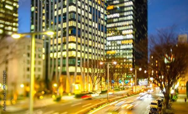 Obraz 東京高層ビル街夜景　シフトレンズ逆アオリ撮影