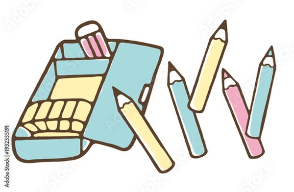 Obraz シンプルな筆箱と鉛筆、消しゴムのイラスト