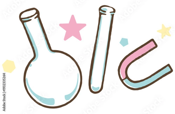 Obraz 理科実験で使うフラスコと試験管、磁石のイラスト