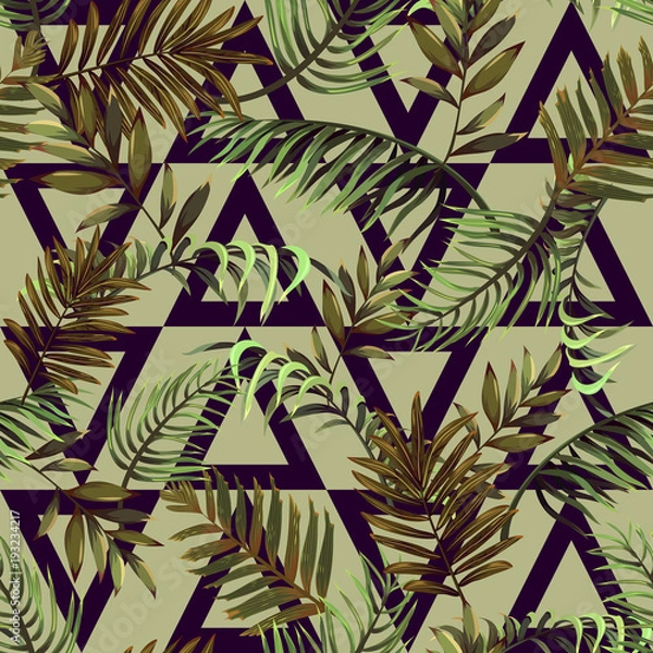 Fototapeta Seamless Pattern with Palm Leaves and Triangles