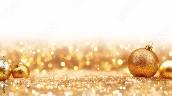 Obraz 白背景に浮かぶ黄金の輝く球体　豪華なゴールドオーナメントと光の粒子のイラスト背景
