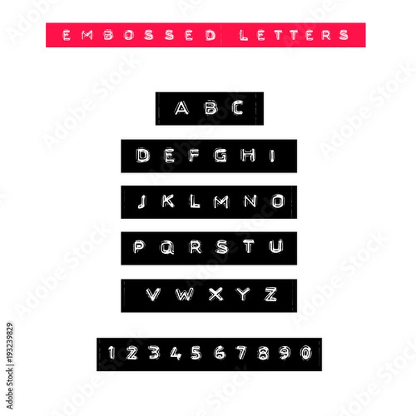 Fototapeta Embossed letters tape font. Vintage adhesive label type. Vector alphabet.