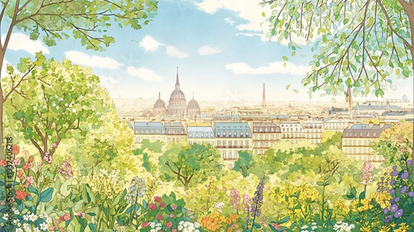 Obraz 花咲く木々に囲まれた街並みを描く春の水彩イラスト、歴史ある建築と公園風景が調和する都市景観、観光、旅行、散策イメージ、動画背景や広告ビジュアルに使える風景素材
