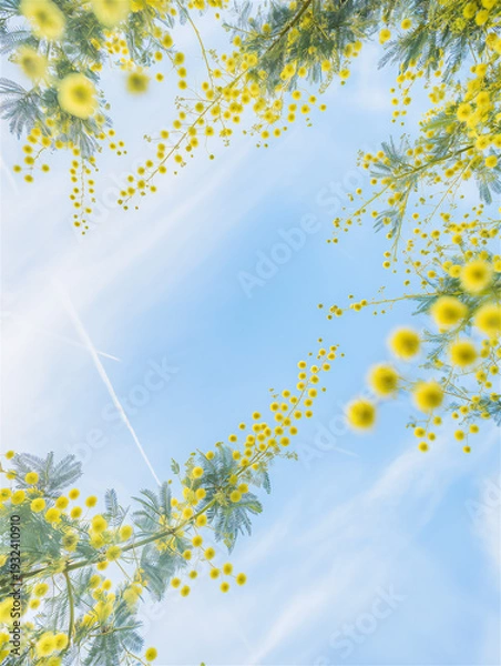 Fototapeta 澄み渡る青空を背景に咲き誇るミモザの花・春の爽やかな自然風景