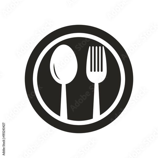 Obraz Spoon and fork on plate logo black and white, Spoon and fork vector icon, cafe restaraunt  logo, web icon
