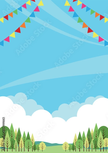 Obraz キャンプ場背景、縦、旗、かわいい、イラスト