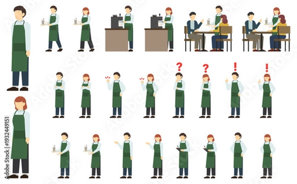 Obraz フラットイラスト：男女のカフェ店員セット