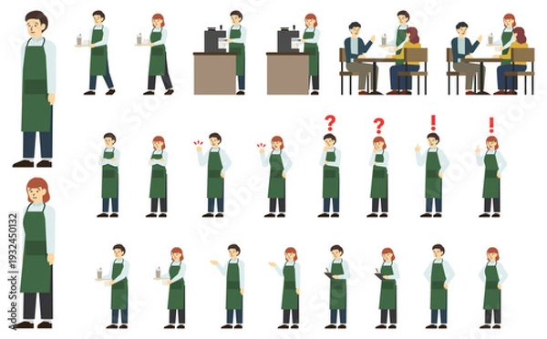 Obraz フラットイラスト：男女のカフェ店員セット(表情あり)