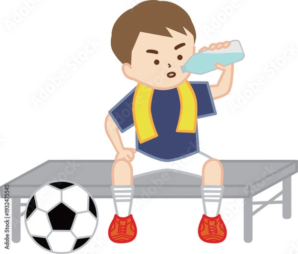 Obraz 首にタオルを巻いてベンチに座って水分補給をするサッカー少年