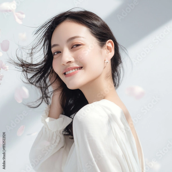 Obraz 美しい肌の女性と桜が舞う春の背景