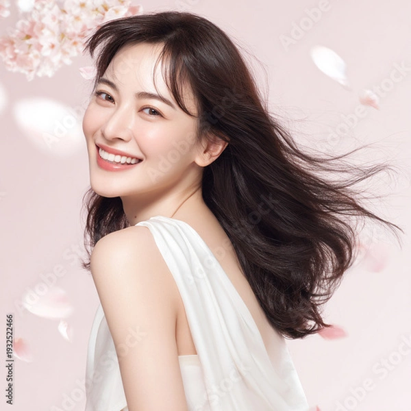 Obraz 美しい肌の女性と桜が舞う春の背景