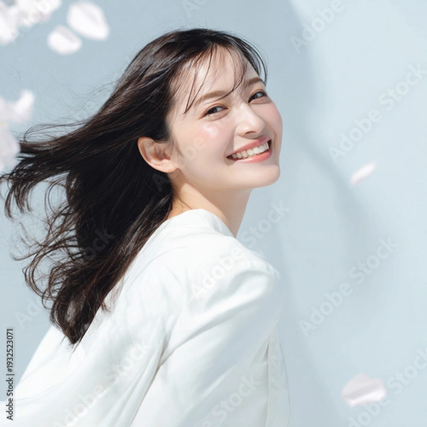 Obraz 美しい肌の女性と桜が舞う春の背景