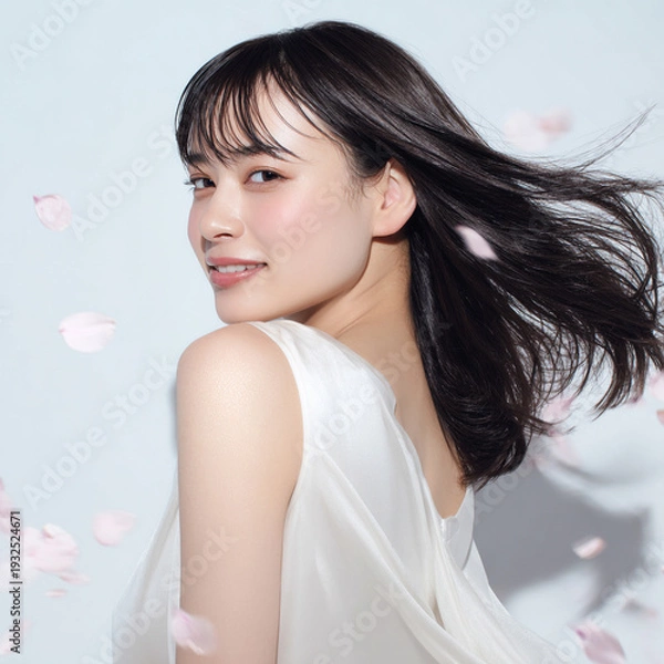 Obraz 美しい肌の女性と桜が舞う春の背景