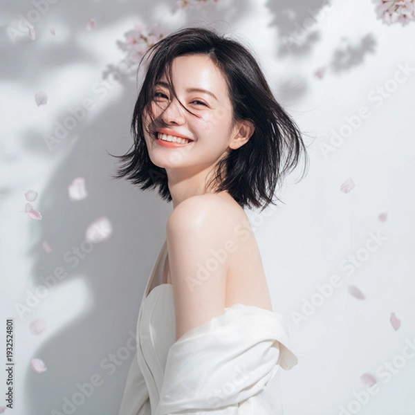 Obraz 美しい肌の女性と桜が舞う春の背景