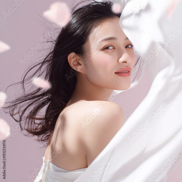 Obraz 美しい肌の女性と桜が舞う春の背景