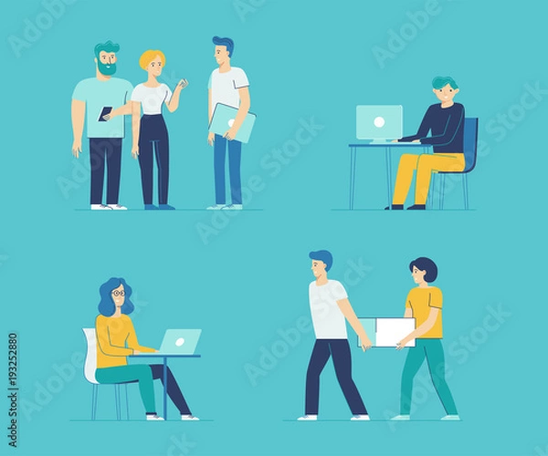 Fototapeta Vector set of cartoon characters in flat line style - men and women in different situations at work