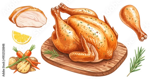 Fototapeta ローストチキンのイラストセット（丸鶏・レッグ・スライス・付け合わせ野菜）,クリスマス,ごちそう,水彩風, キャンプ