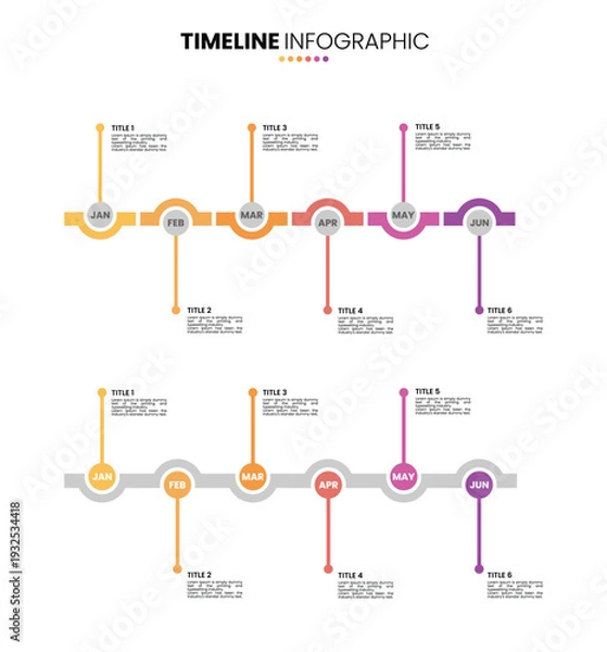 Obraz Circle timeline infographic 6 step, options, process two version. 6 month infographic presentation template