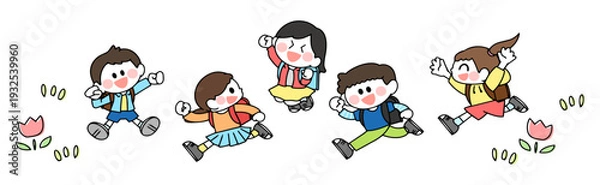 Obraz 仲良く並んで走る　ランドセルを背負った子供達のイラスト