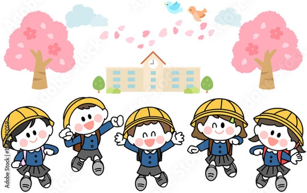 Obraz ランドセルを背負って笑顔で登校する　制服を着た新一年生のイラスト