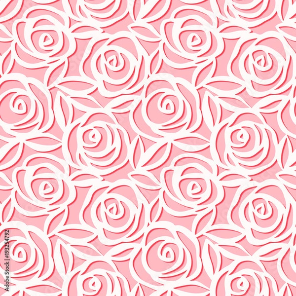 Obraz Wzór. Ilustracja wektorowa ładny róż z liśćmi na różowym tle. Styl origami. Wzór cięcia papieru.