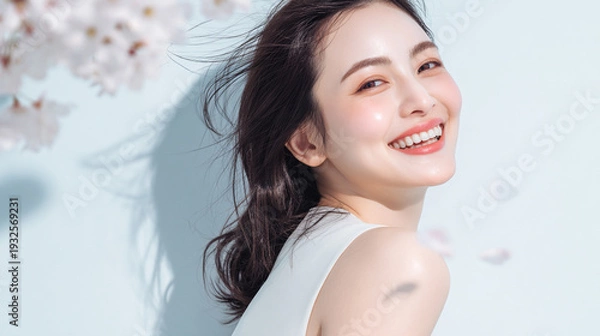 Obraz 美しい肌の女性と桜が舞う春の背景