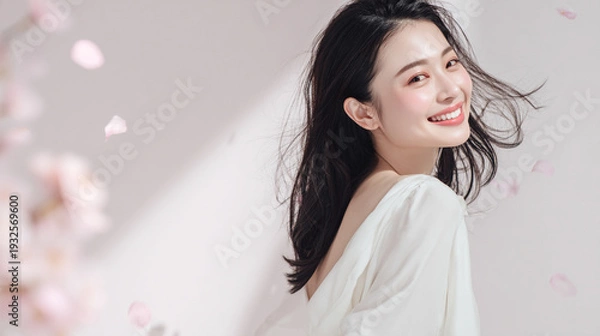 Obraz 美しい肌の女性と桜が舞う春の背景