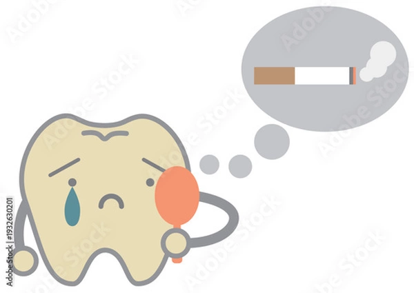 Obraz タバコのヤニ汚れによって鏡を見て黄ばみに泣く歯のキャラクターの歯科イメージイラスト