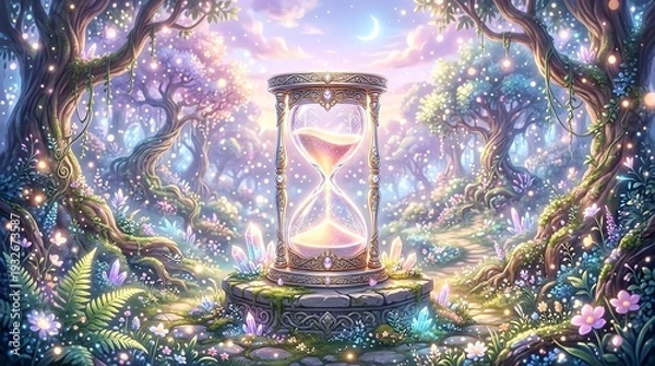 Obraz ゲーム背景　キラキラのグリッター輝くファンタジーの森にある砂時計