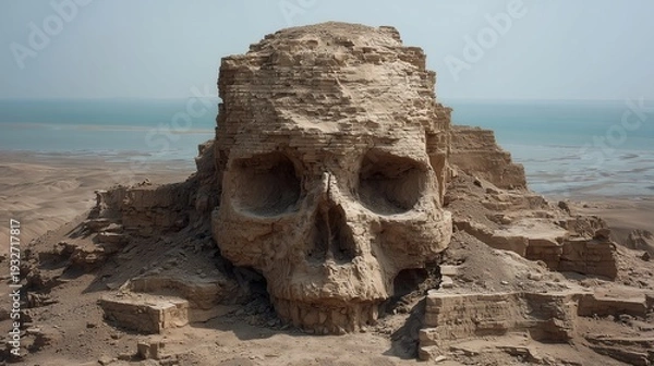 Obraz 海と広大な空が広がる砂漠に佇む巨大な砂岩の頭蓋骨