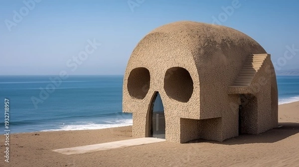 Obraz 海と広大な空が広がる砂漠に佇む巨大な砂岩の頭蓋骨