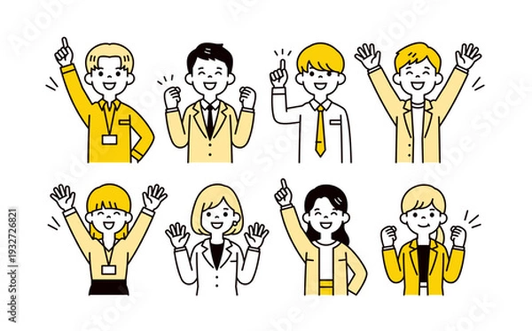 Obraz 様々なポーズをとる、若い元気なビジネスパーソンのシンプルな上半身ベクターイラスト素材セット