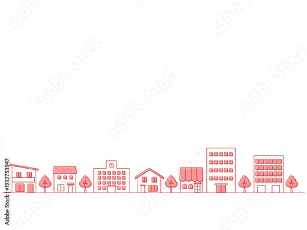 Fototapeta 街並みのイラストの背景　手描き風　赤