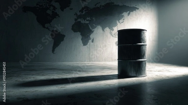 Obraz 暗い空間に置かれた黒いドラム缶の静かな佇まい。環境問題やエネルギー関連のテーマに適したイメージ素材。
