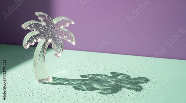 Obraz マットなミントグリーン面に置かれた透明ゼリー製ヤシの木の静物イメージ。
パープル背景とのレトロ配色が大胆なコントラストを生み出します。
強い自然光が発光するエッジと透過影を描き、気泡や弾力を強調。
広い余白があり、夏広告やポップキャンペーンに最適です。