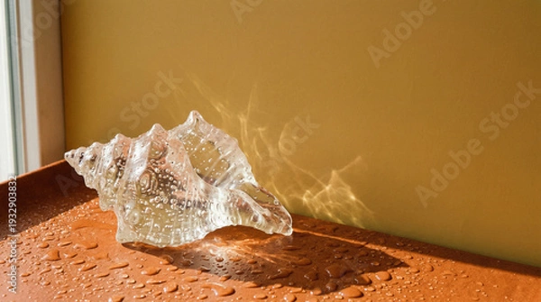 Obraz マットなバーントオレンジ面に置かれた半透明ゼリー貝殻の静物イメージ。
マスタード背景との暖色レトロ配色が印象的なコントラストを演出します。
強い自然光がサブサーフェスグローと屈折影を生み、気泡や弾力を強調。
広い余白があり、夏広告やポップキャンペーンに最適です。