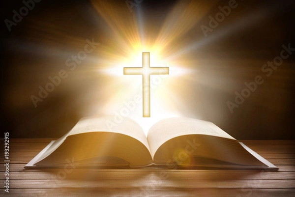 Fototapeta Bible with cross shaped pendant on wooden slatted table front
