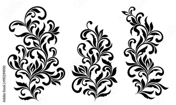 Fototapeta Decorative floral elements with swirls and leaves isolated on white background. Ideal for stencil. Vintage style. 