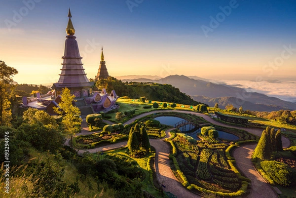 Obraz Landscape of two pagoda (noppha methanidon-noppha phon phum siri stupa) in an Inthanon mountain, chiang mai, Thailand