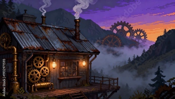 Obraz 霧の谷と巨大歯車山を望む真鍮機械のスチームパンクキャビン