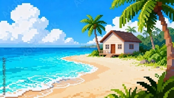 Obraz ヤシの木と青い海に面した夏空のピクセルビーチハウス