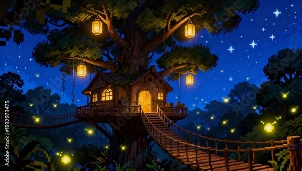 Obraz 星空と灯籠が輝く幻想的なピクセルツリーハウス村
