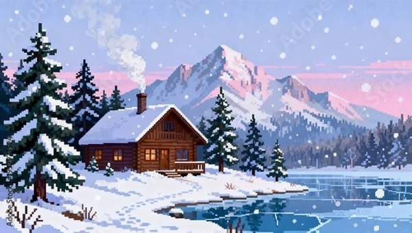 Obraz 松林と凍った湖に囲まれた雪降るピクセル山小屋