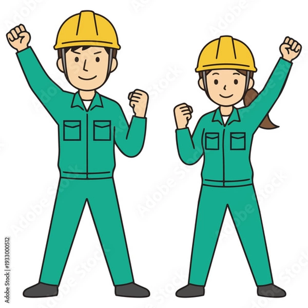 Obraz 青い作業服とヘルメット姿の男女がガッツポーズで立つイラスト。なめらかな線とにこやかな表情が、希望や成長、チームワークの力を感じさせ、働く現場の前向きな雰囲気を伝えます。