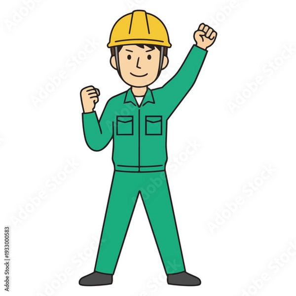 Obraz 青い作業服とヘルメット姿の男がガッツポーズで立つイラスト。なめらかな線とにこやかな表情が、希望や成長、チームワークの力を感じさせ、働く現場の前向きな雰囲気を伝えます。
