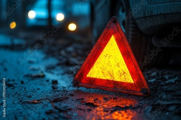 Fototapeta selective focus warning triangle behind stalled car