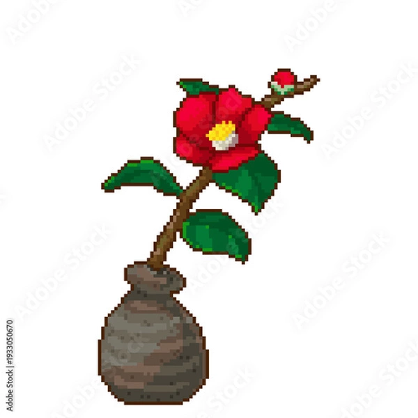 Obraz 花瓶に生けた椿の花のドット絵
