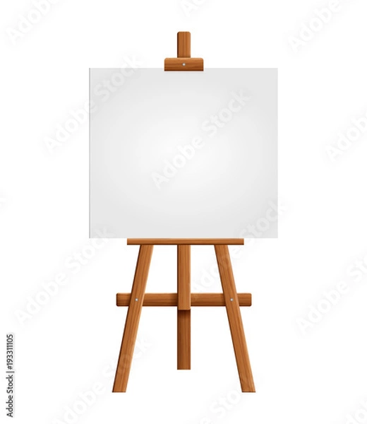 Fototapeta Blank art board and realistic wooden easel. Wooden Brown  Easel with Mock Up Empty Blank Square Canvas Isolated on white background. Vector illustration..